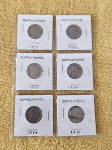 lot 167 image: Selection of Buffalo Nickels - 1920, 1925, 1926, 1928, 1929, and 1930