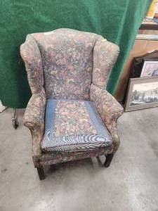 lot 49 image: Antique wing back chair - deer tapestry