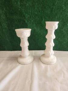 lot 210 image: Pair of white glass candlestick holders