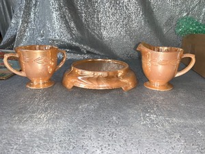 lot 137 image: Beautiful Fire King cream and sugar set with decanter vase - see pics