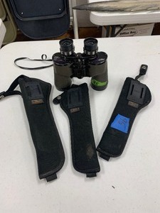 lot 215 image: Vintage Binoculars and three blet holster sheaths