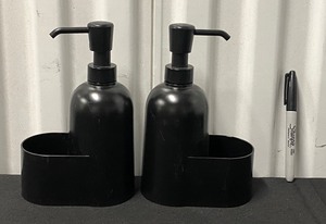 lot 57 image: Lot Of 2 - New Other Room Essentials Plastic Soap Dispenser With Sponge Holder, Black - As Shown