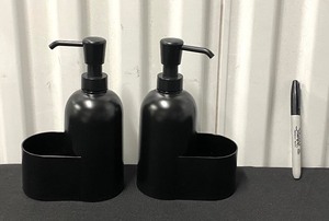 lot 53 image: Lot Of 2 - New Room Essentials Plastic Soap Dispenser With Sponge Holder, Black - As Shown