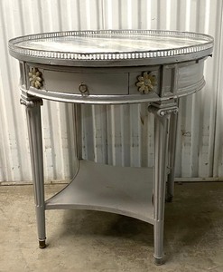 lot 226 image: Round Rustic Table With Pull Out Drawers & Metal TrimAccent Top Border, 29 14 High x 27 34 Round - In Color & Condition As Shown (READ)
