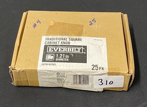lot 310 image: New Everbilt Traditional Square Cabinet Knob 1.21 Diameter 25Pk, Satin Nickel - As Shown - Retails $25