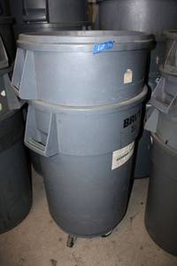 lot 70 image: (3) Round Trash Bins - 1 wheel dolly, (2) 44 Gal, (1) 32 Gal