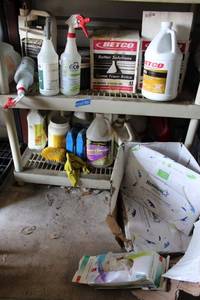 lot 110 image: Cleaning supplies, toilet seat covers, concrete cleaner, Drain-o and more