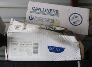 lot 111 image: 3 boxes of trash can liners, sizes shown in photos