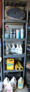 lot 119 image: Contents of shelving unit - cleaning supplies and roller brushes as shown