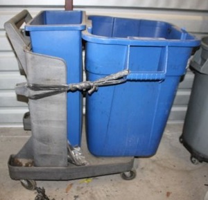 lot 85 image: Rubbermaid Push Cart with Trash Bins