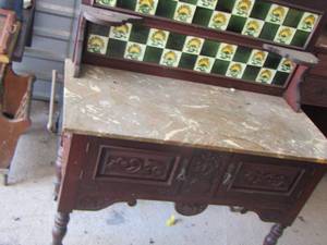 lot 5 image: Vintage  BUFFET WITH GRANITE TOP 2 drawers   On wheels, 594619
