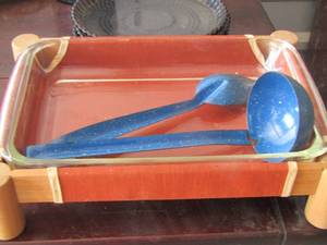 lot 39 image: black glass dinner plates qty 4- casserole dish- 2 metal specked spoons