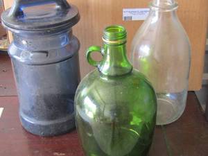 lot 40 image: blue glass covered jar- green glass handled jug plus