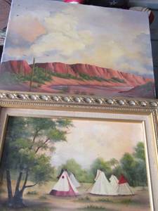 lot 52 image: 2 hand painted canvases by Irene Gilmore, one has frame 1620 other 2217