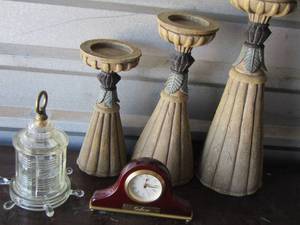 lot 96 image: 3 wooden candle stands,CLOCK  and NAUTICAL covered dish
