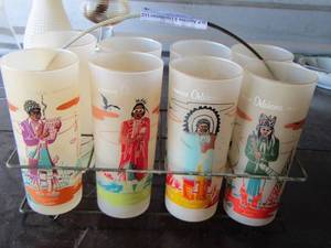lot 4 image: VINTAGE KNOX OIL FAMOUS OKLAHOMA INDIANS FROSTED TUMBLERS  SET OF 8 W CARRIER BY ACEE BLUE   $$$