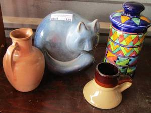 lot 125 image: handled pottery vase-covered blue canister- cat sculpture