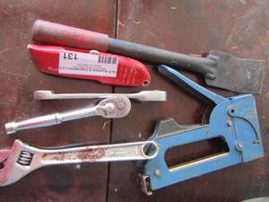 lot 131 image: staple gun- socket wrenches- putty knife plus
