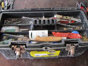 lot 132 image: black tool box with misc. items