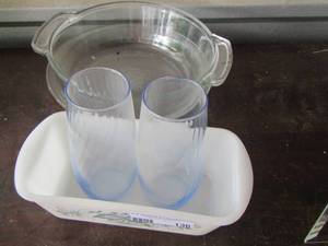lot 136 image: lwhite glass loaf pan,  2 glasses- casserole dish, pie plate