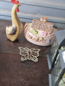 lot 159 image: 2 hanging candle lights- chicken dcor and a Noahs ark cookie jar