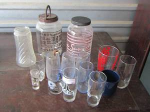 lot 161 image: 2 sun tea pitcher , various drinking glasses and a shot glass