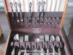 lot 162 image: Engraved Stainless Silverware in box qty 48 pcs
