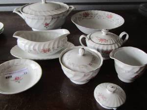 lot 12 image: Royal Swirl dishes- covered dB handled casserole dish- large bowl,  creamer and sugar dish x2 - gravy boat