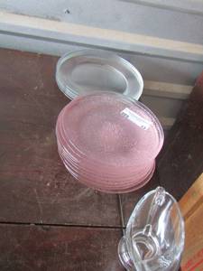 lot 13 image: TRANSPINK  DEPRESSION  glass plates qty 11- Clear glass plates qty 6- 1 handled clear glass gravy boat