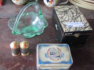 lot 173 image: Vintage Zippo 60TH Anniversary Box, handled green glass basket- , wooden dcor box, BLACK & GOLD SALT& PEPPER SHAKERS