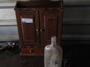 lot 177 image: wooden spice cabinet 12x24 2 vintage glass bottles