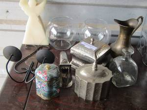 lot 181 image: candles, candle stand , brass vase, covered candle stands