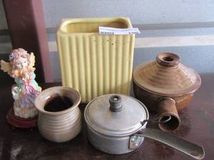 lot 196 image: angel figurine- mini metal pot, vase - pottery oil burner