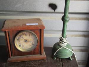 lot 211 image: wooden small square table clock- green metal table lamp no shade