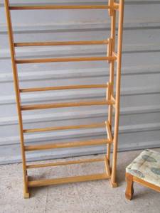 lot 212 image: 5 tier wooden shoe rack - mini padded stool fabric has stains