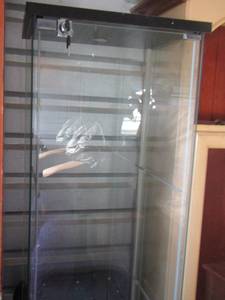 lot 21 image: GLASS DISPLAY CABINET WITH SHELVES, LOCK ON FRONT DOOR - 64 HT  X 17 W  X  14 DEPTH