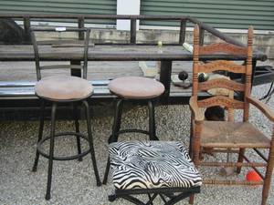 lot 230 image: 2 BAR STOOLS, (1 NO BACK)  ZEBRA FOOT STOOL, WOOD ARMED CHAIR W WICKER SEAT