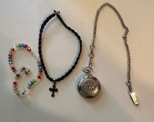 lot 251 image: POCKET WATCH _ GREATEST DAD W WATCH CHAIN,  BRAIDED LEATHER CHOCKER W CROSS   COLOR BEAD CHOCKER,