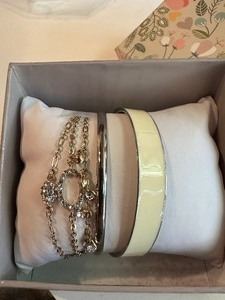 lot 250 image: BRACELETS -  WHITE ENAMEL BANGLE,  SILVER BANGLE,  & 3 CHAIN W CRYSTALS --- 3 BRACELETS TOTAL