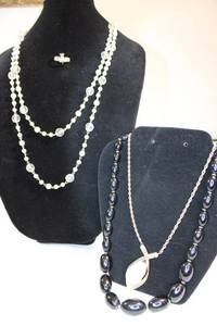 lot 15 image: Signed RSCSwarovski ring, and faux pearl necklaces. See descriptions.