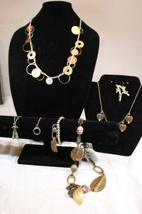 lot 17 image: Signed multi colored metal necklaces, KIS ballet slipper pendant, Monet letter A brooch and more. See descriptions.