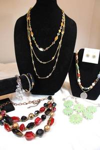 lot 18 image: Signed multi strand necklaces, mint colored flower statement necklace, Sterling silver post earrings with crystals and more