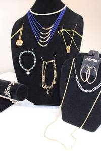 lot 21 image: Signed choker necklaces, 18K gold plated  necklace with zebra print flipflop pendant and more. See descriptions.