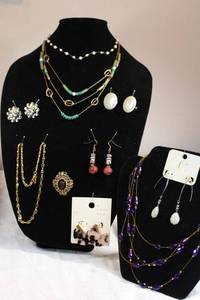 lot 22 image: Signed Charming Charlie jewelry, Coro earrings, Glass cameo broochpin and more, See descriptions.