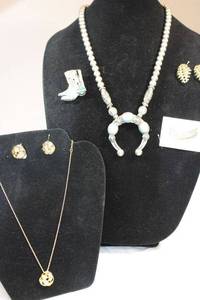 lot 24 image: Signed faux turquoise Southwestern style necklace, Harley Davidson pins and more. See descriptions.