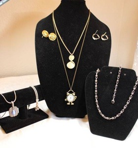 lot 25 image: Signed Premier Designs jewelry, Kiam family infinity pendant, Novelty alarm clock watch pendant. See descriptions.