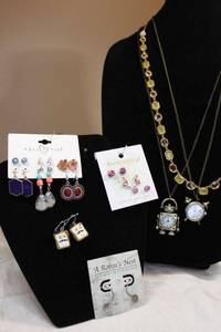 lot 29 image: Novelty anthropomorphic watch necklaces and earrings, Earring sets, Signed Ann Taylor necklace. See descriptions.