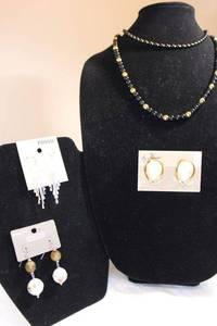 lot 31 image: Monet and Napier black and gold bead necklaces, FossilChicosHugo earrings. See descriptions.
