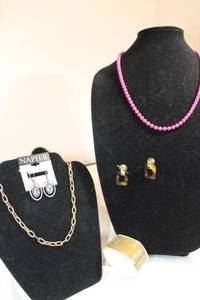 lot 34 image: Napier oval glass earrings, hot pink metal bead necklace, gold link necklace, Napier square post earrings, and Lia Sophia cuff bracelet. See descriptions.