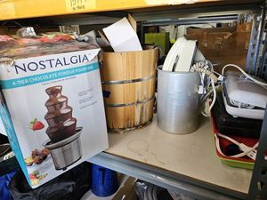 lot 161 image: Ice Cream Maker electric, Chocolate Fondue Fountain, electric carving knife, KOE Odor Eliminator, wall phone, serving dishes